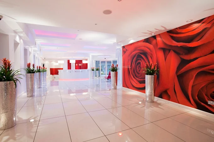 Inside Johnstone House lobby with red rose mural